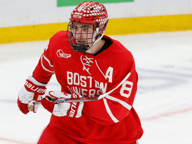 BOSTON, MASSACHUSETTS - MARCH 23: Cade Webber #8 of the Boston University Terriers skates against the Boston College Eagles during the first period during the Hockey East Championship final at TD Garden on March 23, 2024 in Boston, Massachusetts. The Eagles won 6-2 and captured their first Hockey East title in twelve years.
