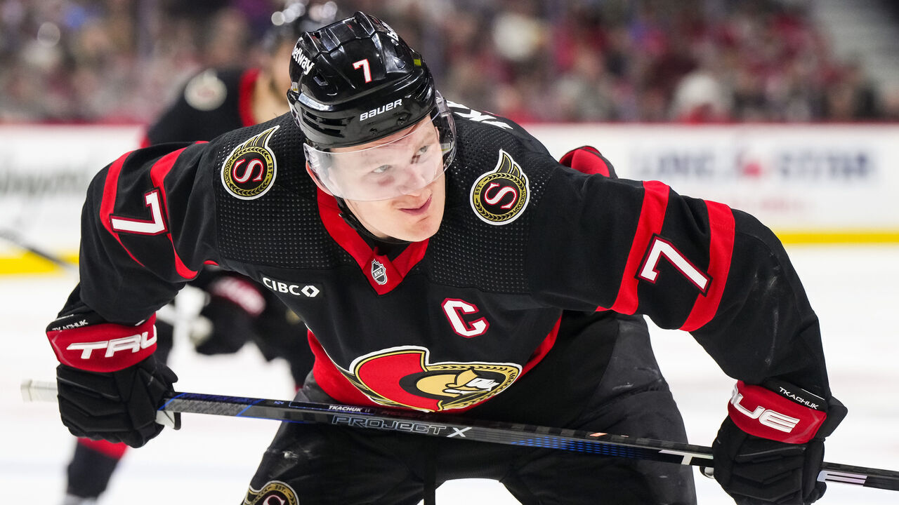 OTTAWA, CANADA - APRIL 13: Brady Tkachuk #7 of the Ottawa Senators prepares for a faceoff against the Montreal Canadiens at Canadian Tire Centre on April 13, 2024 in Ottawa, Ontario, Canada.