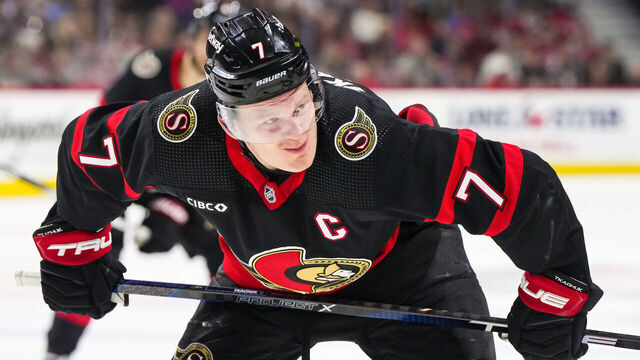 OTTAWA, CANADA - APRIL 13: Brady Tkachuk #7 of the Ottawa Senators prepares for a faceoff against the Montreal Canadiens at Canadian Tire Centre on April 13, 2024 in Ottawa, Ontario, Canada.