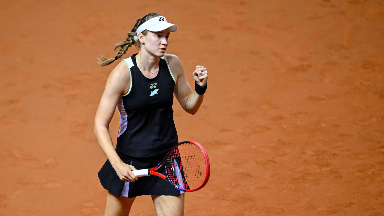 STUTTGART, GERMANY - APRIL 18: Elena Rybakina of Kazakhstan gestures at the match between Elena Rybakina of Kazakhstan vs Veronika Kudermetova during day four of the Porsche Tennis Grand Prix Stuttgart 2024 at Porsche Arena on April 18, 2024 in Stuttgart, Germany.