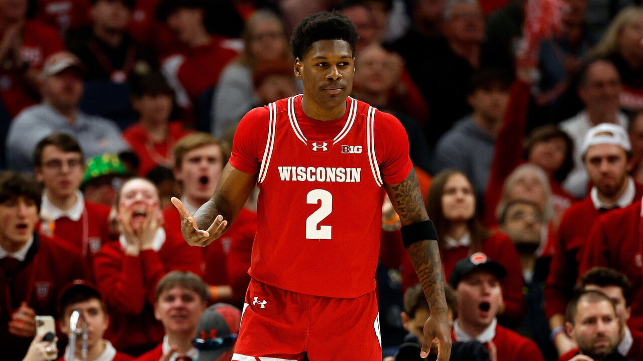 MINNEAPOLIS, MINNESOTA - MARCH 17: AJ Storr #2 of the Wisconsin Badgers celebrates his three-point basket against the Illinois Fighting Illini in the first half at Target Center during the Championship game of the Big Ten Tournament on March 17, 2024 in Minneapolis, Minnesota.