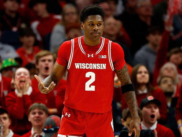 MINNEAPOLIS, MINNESOTA - MARCH 17: AJ Storr #2 of the Wisconsin Badgers celebrates his three-point basket against the Illinois Fighting Illini in the first half at Target Center during the Championship game of the Big Ten Tournament on March 17, 2024 in Minneapolis, Minnesota.