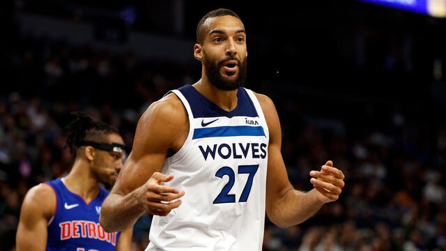 MINNEAPOLIS, MINNESOTA - MARCH 27: Rudy Gobert #27 of the Minnesota Timberwolves reacts to his foul against the Detroit Pistons in the third quarter at Target Center on March 27, 2024 in Minneapolis, Minnesota. The Timberwolves defeated the Pistons 106-91.