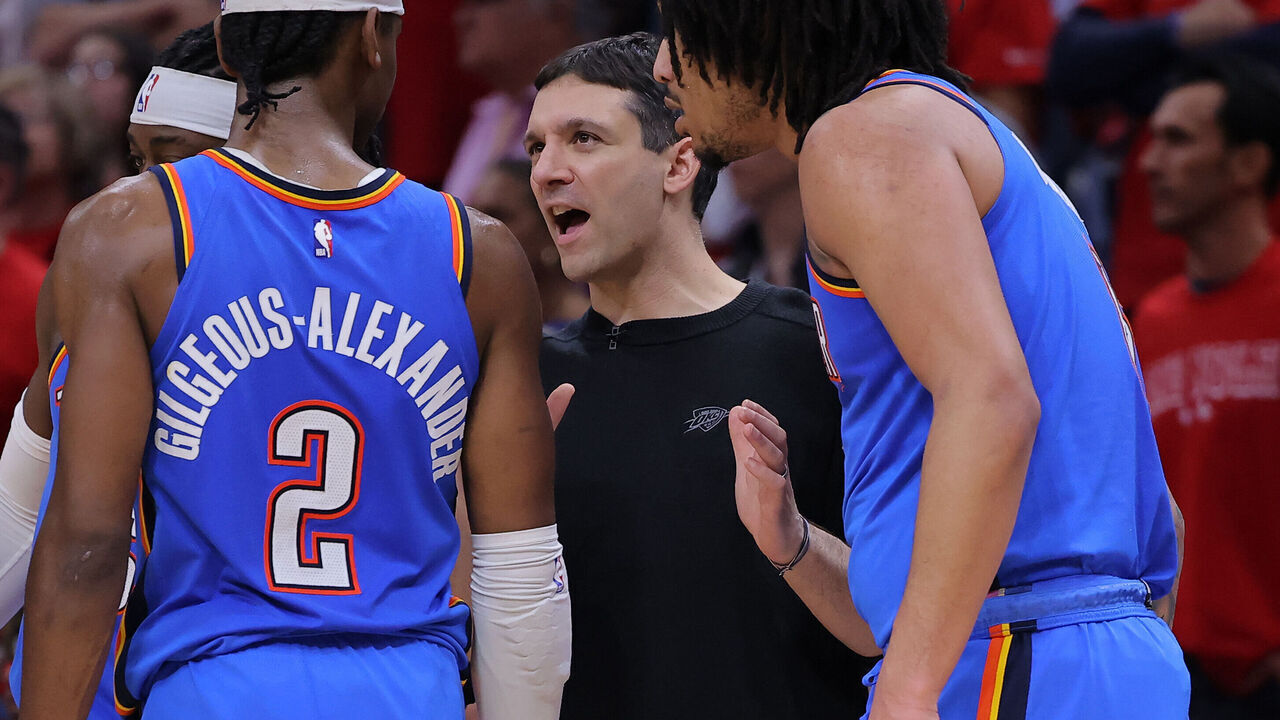 NEW ORLEANS, LOUISIANA - APRIL 12: Head coach Mark Daigneault of the Oklahoma City Thunder reacts during a game against the Oklahoma City Thunder at the Smoothie King Center on April 12, 2023 in New Orleans, Louisiana.
