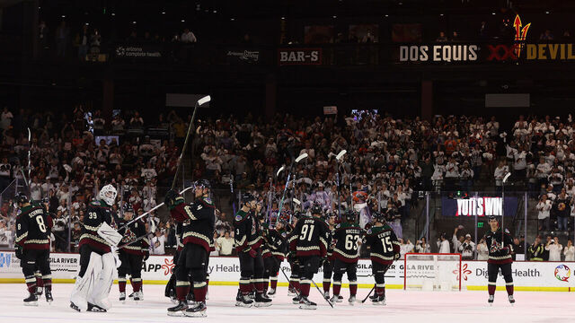 TEMPE, ARIZONA - APRIL 17: The Arizona Coyotes salute the fans after defeating the Edmonton Oilers in the NHL game at Mullett Arena on April 17, 2024 in Tempe, Arizona. The Coyotes defeated the Oilers 5-2.