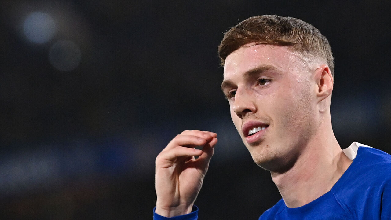 Chelsea's English midfielder #20 Cole Palmer celebrates after scoring his team second goal during the English Premier League football match between Chelsea and Manchester United at Stamford Bridge in London on April 4, 2024.