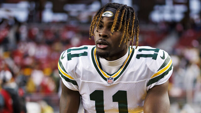 SANTA CLARA, CALIFORNIA - JANUARY 20: Jayden Reed #11 of the Green Bay Packers looks on during pregame warmups before an NFC divisional round playoff football game against the San Francisco 49ers at Levi's Stadium on January 20, 2024 in Santa Clara, California.