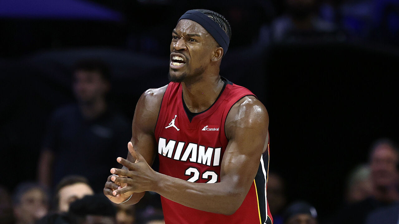 PHILADELPHIA, PENNSYLVANIA - APRIL 17: Jimmy Butler #22 of the Miami Heat reacts during the second quarter against the Philadelphia 76ers during the Eastern Conference Play-In Tournament at the Wells Fargo Center on April 17, 2024 in Philadelphia, Pennsylvania.
