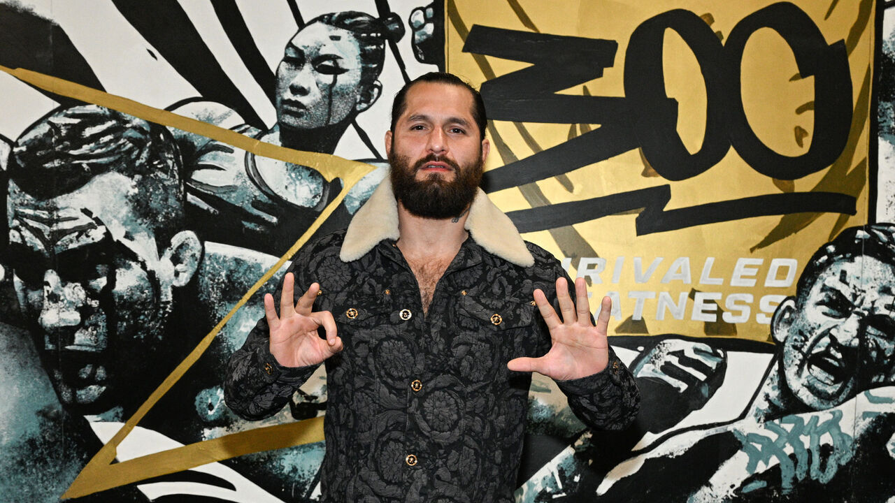 LAS VEGAS, NEVADA - APRIL 13: Jorge Masvidal poses in front of the UFC 300 mural backstage during UFC 300 at T-Mobile Arena on April 13, 2024 in Las Vegas, Nevada.