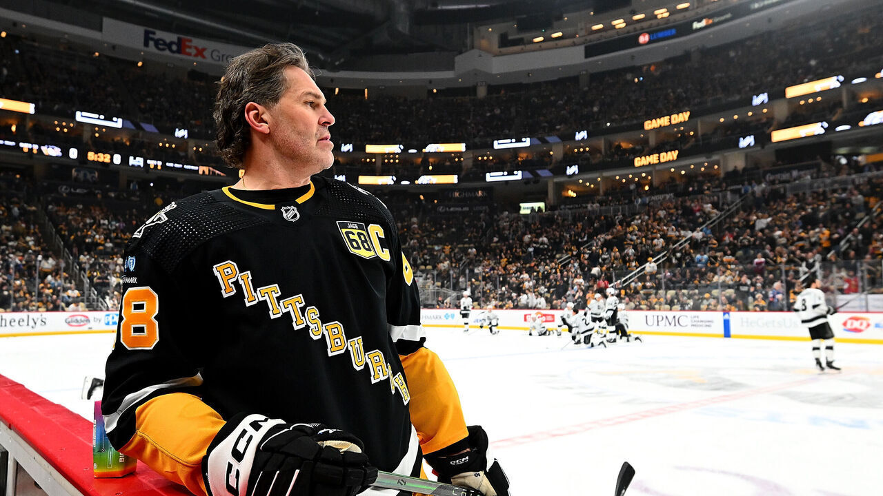 PITTSBURGH, PA - FEBRUARY 18: Jaromir Jagr skates during warm ups after having his number retired and banner raised to the rafters before the game between the Pittsburgh Penguins and the Los Angeles Kings at PPG PAINTS Arena on February 18, 2024 in Pittsburgh, Pennsylvania.