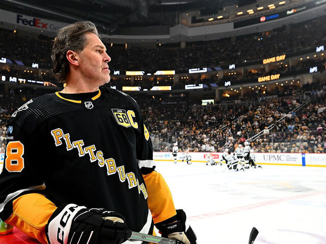 PITTSBURGH, PA - FEBRUARY 18: Jaromir Jagr skates during warm ups after having his number retired and banner raised to the rafters before the game between the Pittsburgh Penguins and the Los Angeles Kings at PPG PAINTS Arena on February 18, 2024 in Pittsburgh, Pennsylvania.