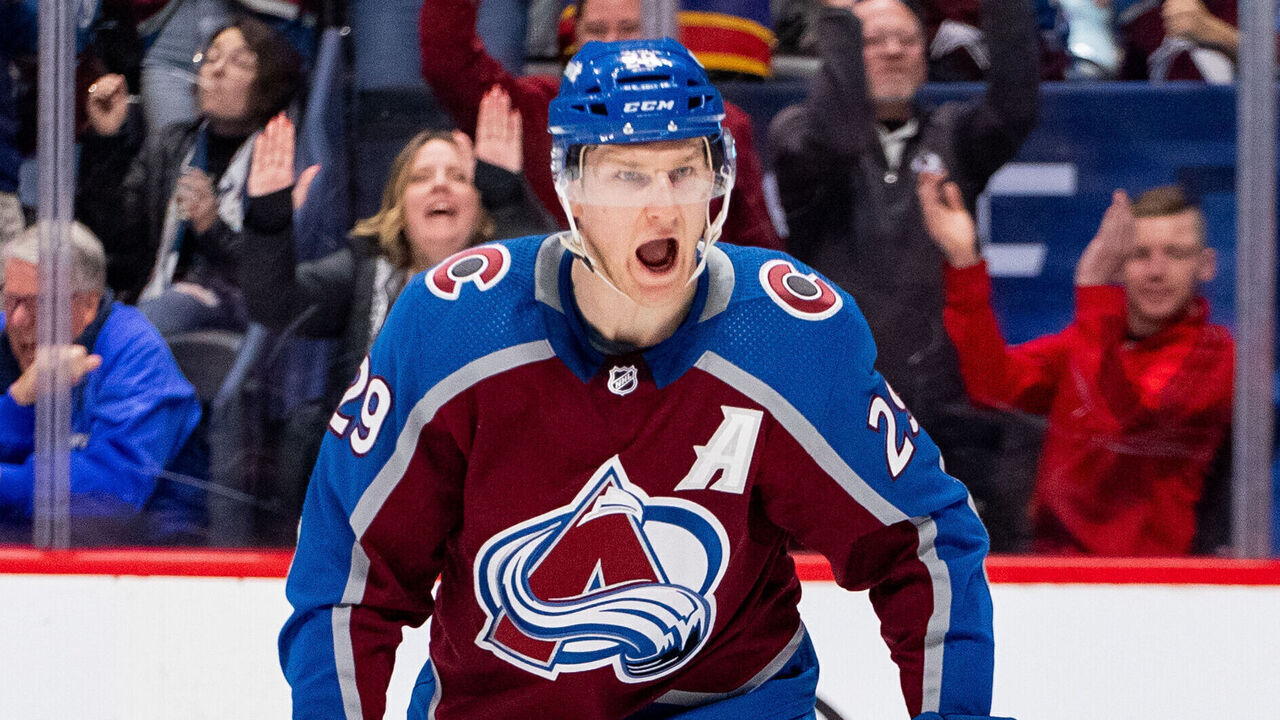 DENVER, COLORADO - DECEMBER 05: Nathan MacKinnon #29 of the Colorado Avalanche celebrates after scoring a goal in the second period of the game against the Anaheim Ducks at Ball Arena on December 05, 2023 in Denver, Colorado.