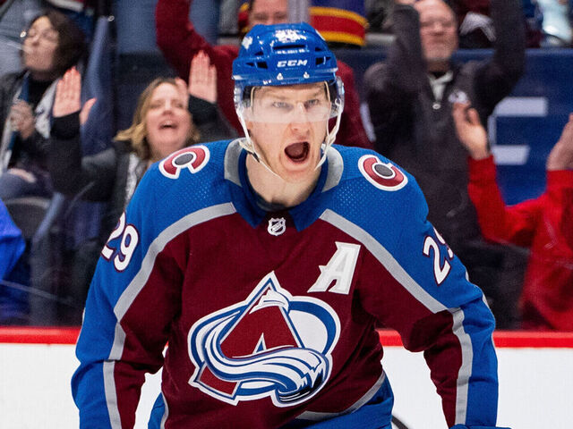 DENVER, COLORADO - DECEMBER 05: Nathan MacKinnon #29 of the Colorado Avalanche celebrates after scoring a goal in the second period of the game against the Anaheim Ducks at Ball Arena on December 05, 2023 in Denver, Colorado.