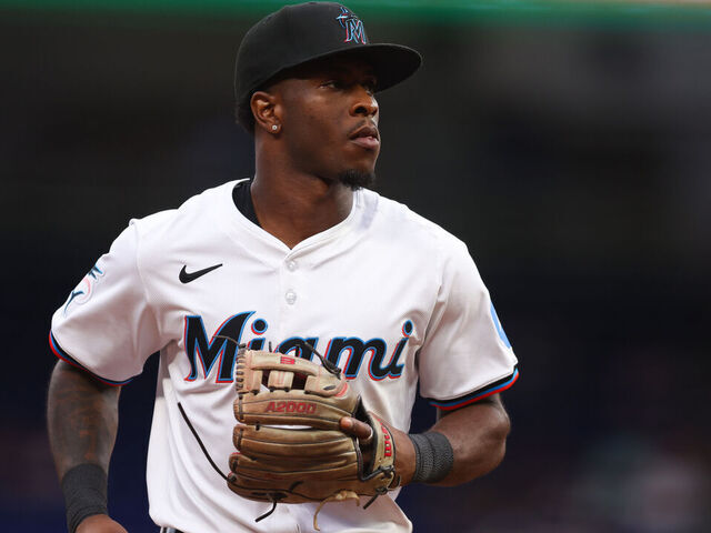MIAMI, FLORIDA - APRIL 01: Tim Anderson #7 of the Miami Marlins looks on against the Los Angeles Angels during the first inning of the game at loanDepot park on April 01, 2024 in Miami, Florida.