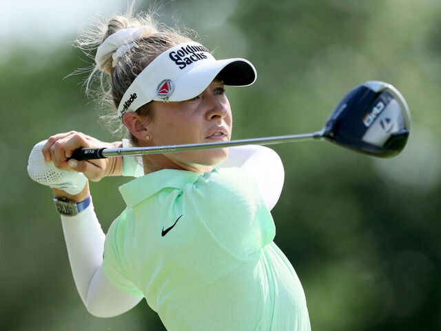 THE WOODLANDS, TEXAS - APRIL 18: Nelly Korda of the United States plays her shot from the second tee during the first round of The Chevron Championship at The Club at Carlton Woods on April 18, 2024 in The Woodlands, Texas.