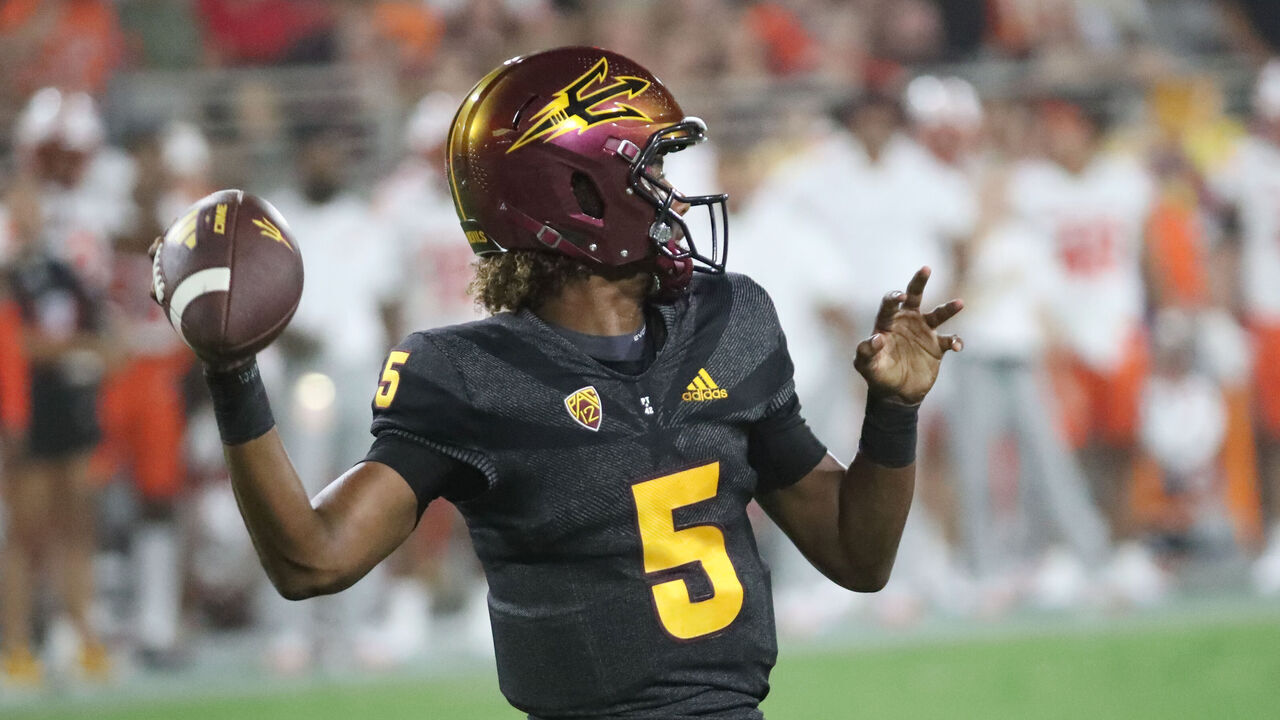 TEMPE, ARIZONA - SEPTEMBER 9: Jaden Rashada #5 of the Arizona State Sun Devils prepares to throw a deep pass during the second quarter against the Oklahoma State Cowboys at Mountain America Stadium on September 9, 2023 in Tempe, Arizona.