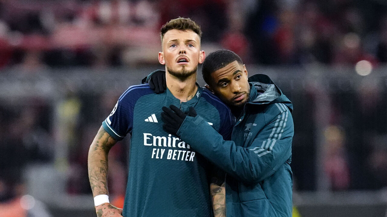 Arsenal's Ben White (left) appears dejected at the end of the UEFA Champions League quarter-final, second leg match at the Allianz Arena, Munich. Picture date: Wednesday April 17, 2024.