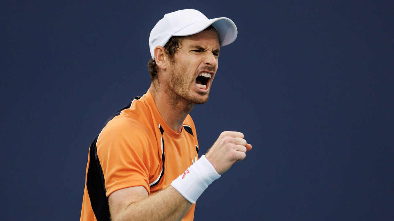 MIAMI GARDENS, FLORIDA - MARCH 24: Andy Murray of Great Britain celebrates during his match against Tomas Machac of the Czech Republic in the third round of the Miami Open at the Hard Rock Stadium on March 24, 2024 in Miami Gardens, Florida.