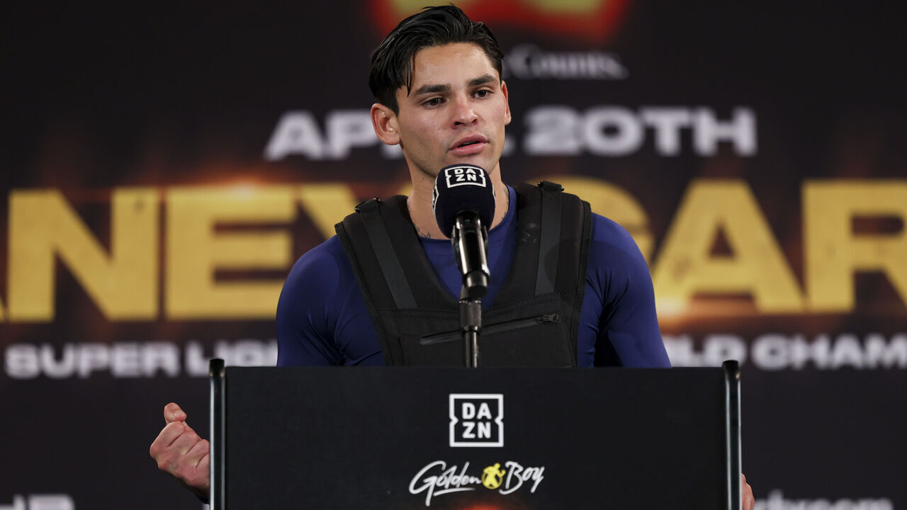 NEW YORK, NEW YORK - APRIL 18: Ryan Garcia speaks during a press conference at Barclays Center on April 18, 2024 in New York City.