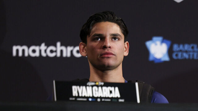 NEW YORK, NEW YORK - APRIL 18: Ryan Garcia looks on during a press conference at Barclays Center on April 18, 2024 in New York City.