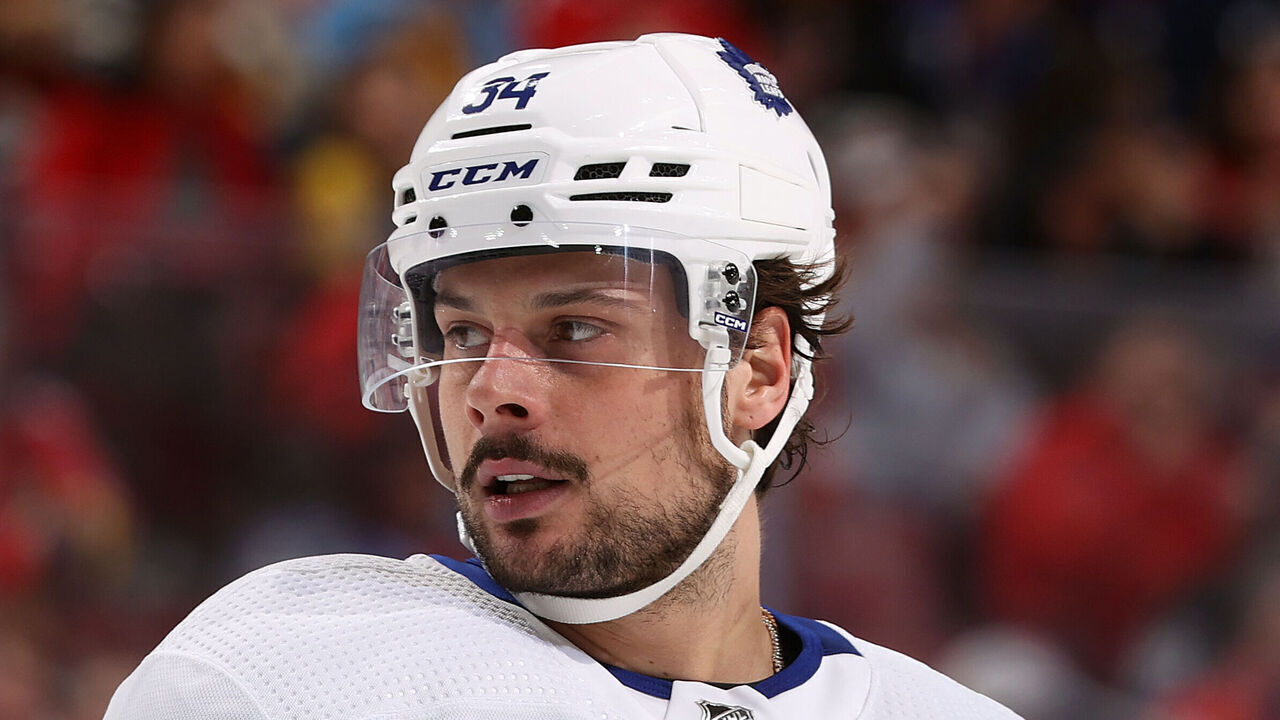 SUNRISE, FL - APRIL 16: Auston Matthews #34 of the Toronto Maple Leafs looks on prior to a face-off against the Florida Panthers at the Amerant Bank Arena on April 16, 2024 in Sunrise, Florida.