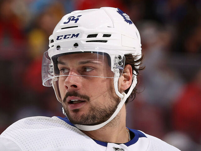 SUNRISE, FL - APRIL 16: Auston Matthews #34 of the Toronto Maple Leafs looks on prior to a face-off against the Florida Panthers at the Amerant Bank Arena on April 16, 2024 in Sunrise, Florida.