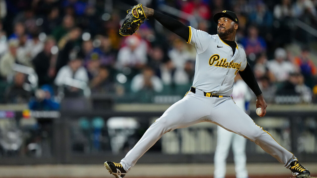 NEW YORK, NY - APRIL 15: Aroldis Chapman #45 of the Pittsburgh Pirates pitches during the game between the Pittsburgh Pirates and the New York Mets at Citi Field on Monday, April 15, 2024 in New York, New York.