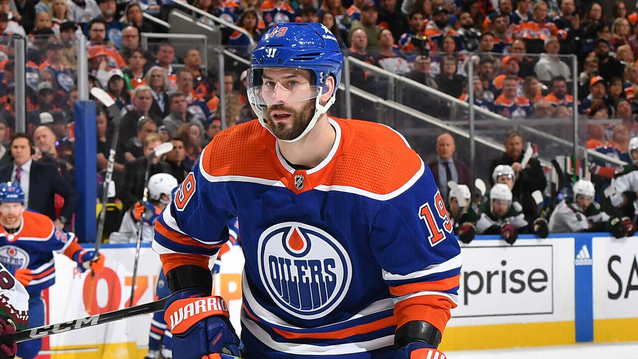 EDMONTON, CANADA - APRIL 12: Adam Henrique #19 of the Edmonton Oilers in action during the game against the Arizona Coyotes at Rogers Place on April 12, 2024, in Edmonton, Alberta, Canada.