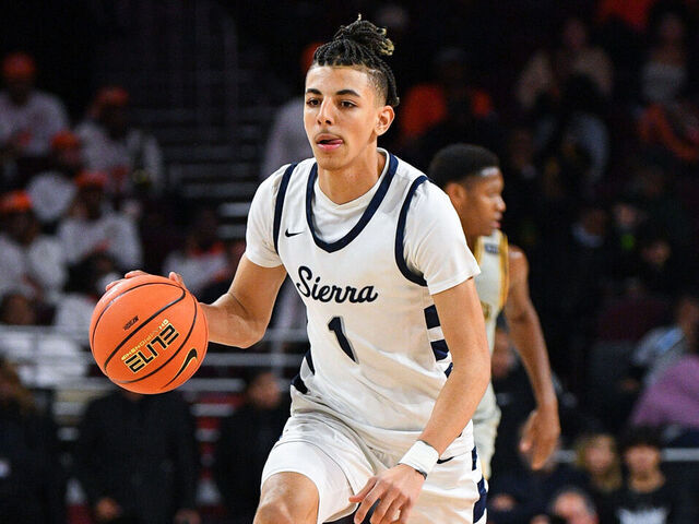 LOS ANGELES, CA - JANUARY 07: Sierra Canyon guard Justin Pippen dribbles up the court during a high school basketball game between Sierra Canyon and La Jolla Country Day in The Chosen-1's Invitational at Galen Center on January 7, 2023 in Los Angeles, California..