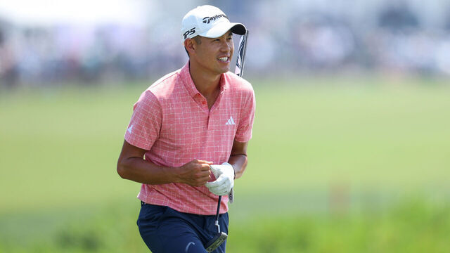 HILTON HEAD ISLAND, SOUTH CAROLINA - APRIL 19: Collin Morikawa looks on while playing the 18th hole during the second round of the RBC Heritage at Harbour Town Golf Links on April 19, 2024 in Hilton Head Island, South Carolina.
