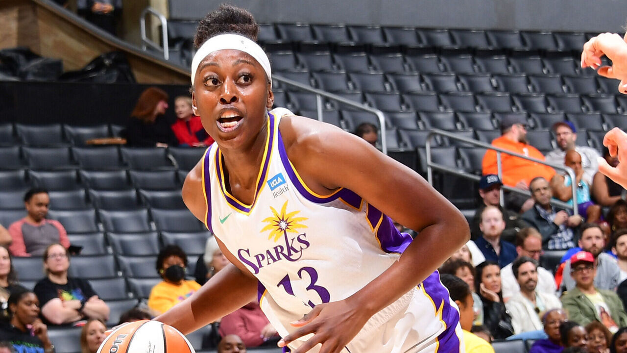 LOS ANGELES, CA - JUNE 16: Chiney Ogwumike #13 of the Los Angeles Sparks goes to the basket during the game on June 16, 2023 at Crypto.Com Arena in Los Angeles, California. NOTE TO USER: User expressly acknowledges and agrees that, by downloading and/or using this Photograph, user is consenting to the terms and conditions of the Getty Images License Agreement. Mandatory Copyright Notice: Copyright 2023 NBAE