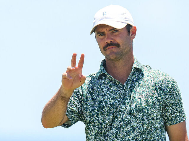 PUNTA CANA, DOMINICAN REPUBLIC - APRIL 19: Wesley Bryan of the United States reacts to his putt on the ninth green during the second round of the Corales Puntacana Championship at Puntacana Resort & Club, Corales Golf Course on April 19, 2024 in Punta Cana, Dominican Republic.