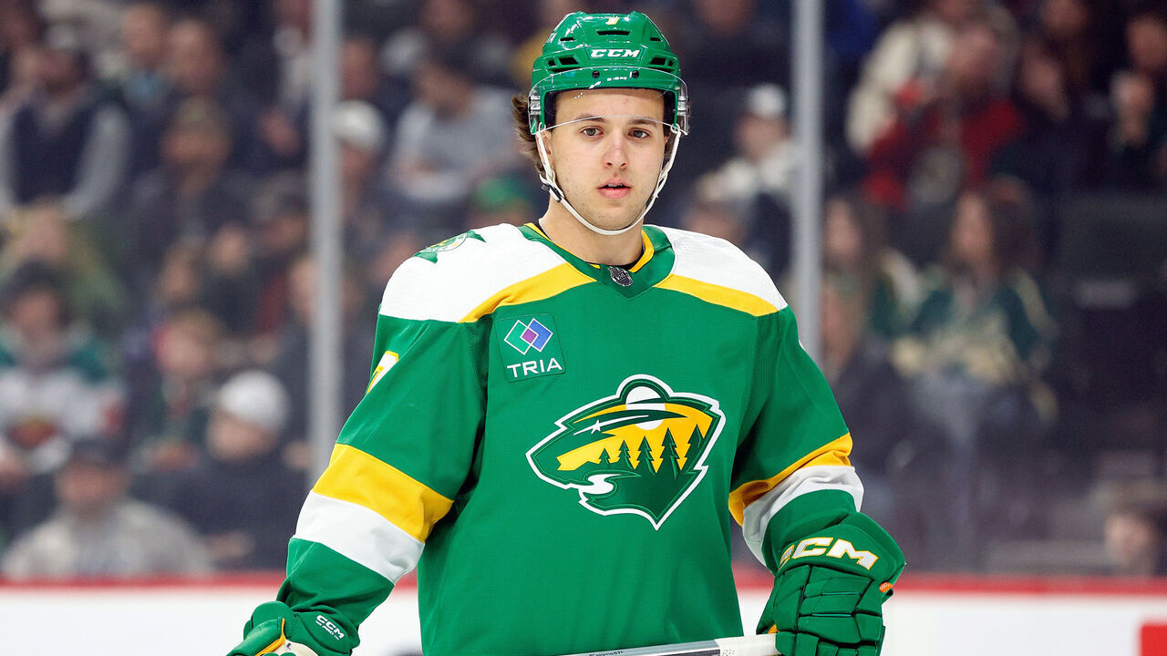 ST PAUL, MINNESOTA - MARCH 30: Brock Faber #7 of the Minnesota Wild looks on against the Vegas Golden Knights in the first period at Xcel Energy Center on March 30, 2024 in St Paul, Minnesota.