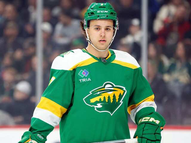 ST PAUL, MINNESOTA - MARCH 30: Brock Faber #7 of the Minnesota Wild looks on against the Vegas Golden Knights in the first period at Xcel Energy Center on March 30, 2024 in St Paul, Minnesota.