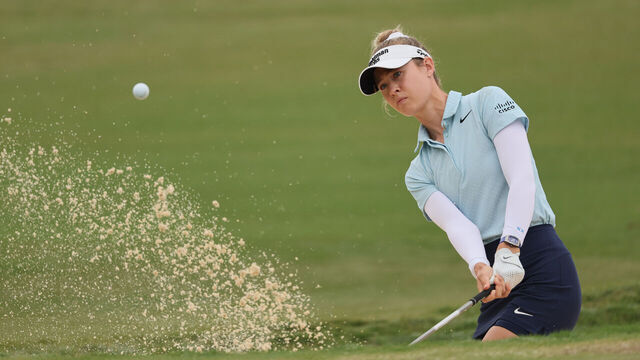 THE WOODLANDS, TEXAS - APRIL 19: Nelly Korda of the United States plays a shot from a bunker on the eighth hole during the second round of The Chevron Championship at The Club at Carlton Woods on April 19, 2024 in The Woodlands, Texas.