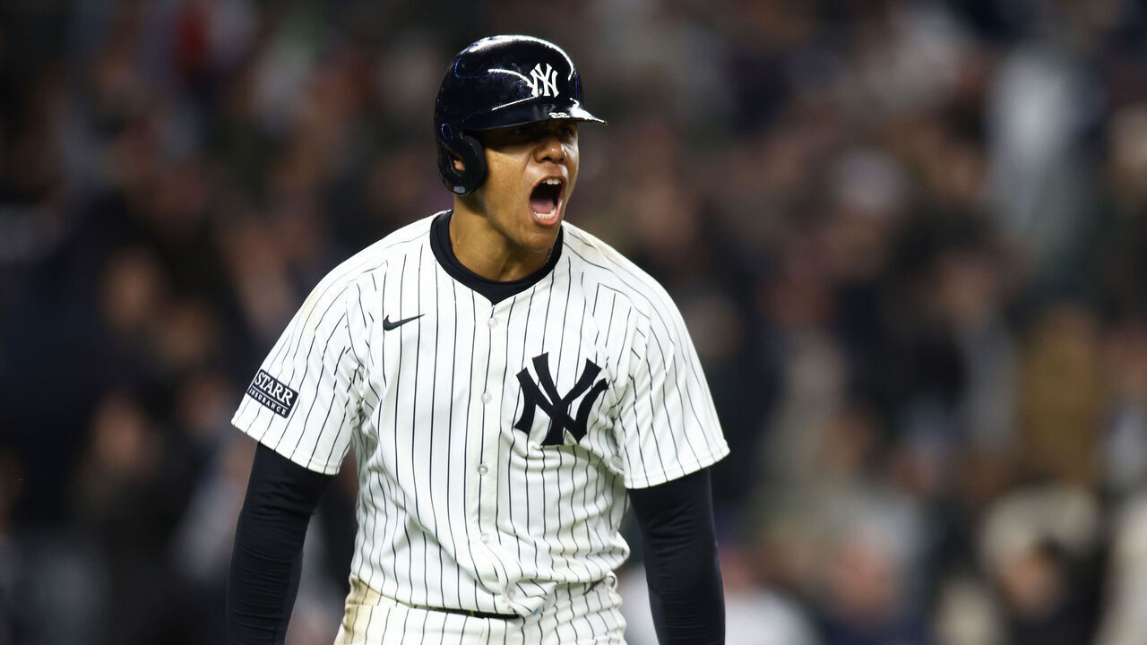 NEW YORK, NEW YORK - APRIL 19: Juan Soto #22 of the New York Yankees reacts after hitting a 3-run home run in the seventh inning against the Tampa Bay Rays at Yankee Stadium on April 19, 2024 in New York City.