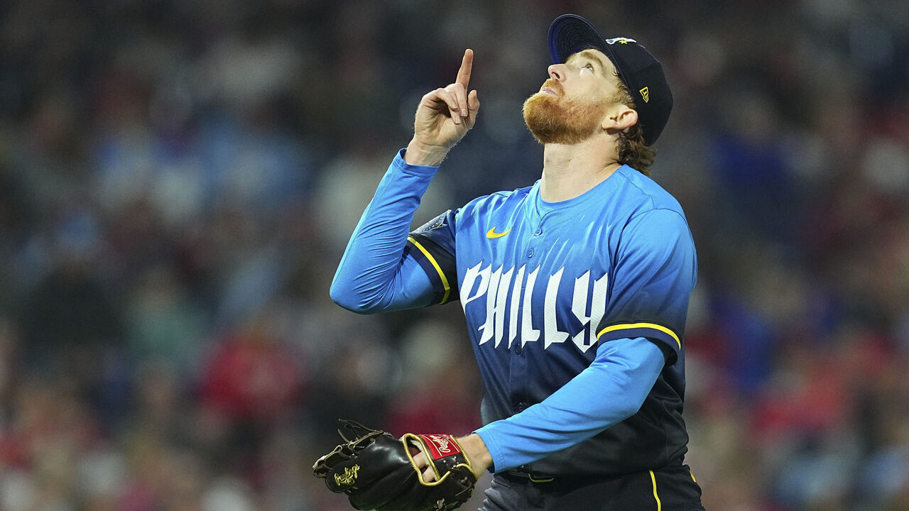PHILADELPHIA, PENNSYLVANIA - APRIL 19: Spencer Turnbull #22 of the Philadelphia Phillies reacts in the top of the seventh inning against the Chicago White Sox at Citizens Bank Park on April 19, 2024 in Philadelphia, Pennsylvania. The Phillies defeated the White Sox 7-0.