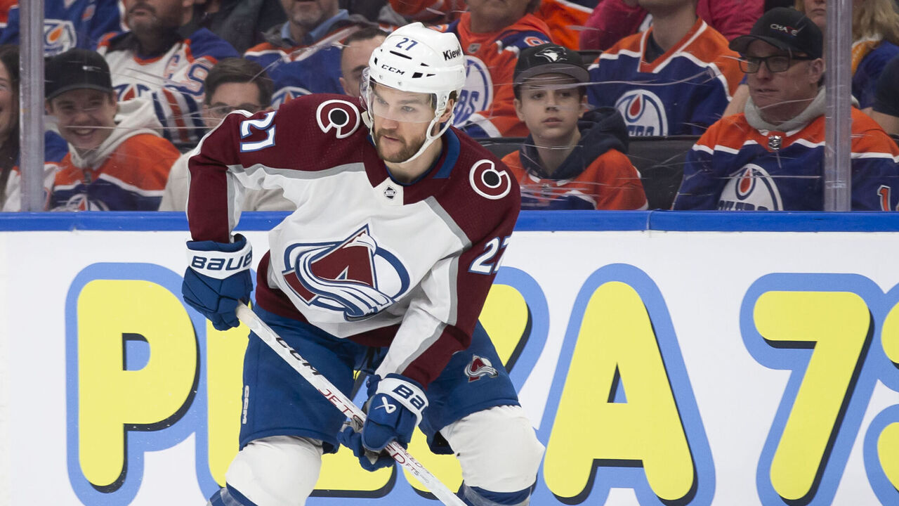 EDMONTON, CANADA - APRIL 5: Jonathan Drouin #27 of the Colorado Avalanche skates against the Edmonton Oilers during the first period at Rogers Place on April 5, 2024 in Edmonton, Canada.