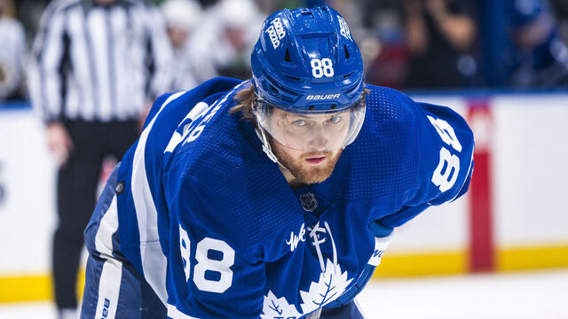 TORONTO, ON - MARCH 4: William Nylander #88 of the Toronto Maple Leafs looks on against the Boston Bruins during the first period at Scotiabank Arena on March 4, 2024 in Toronto, Ontario, Canada.