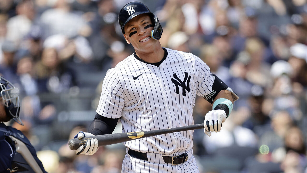 NEW YORK, NEW YORK - APRIL 20: Aaron Judge #99 of the New York Yankees reacts after striking out during the sixth inning against the Tampa Bay Rays at Yankee Stadium on April 20, 2024 in New York City.