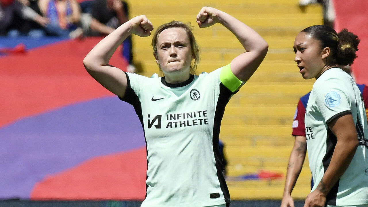BARCELONA, SPAIN - APRIL 20: Erin Cuthbert of Chelsea FC celebrates after scoring during the UEFA Woman Champions League semifinals match between Barcelona FC Femani and Chelsea FC at the Olimpic -lluis Companys Stadium in Barcelona, Spain on April 20, 2024.
