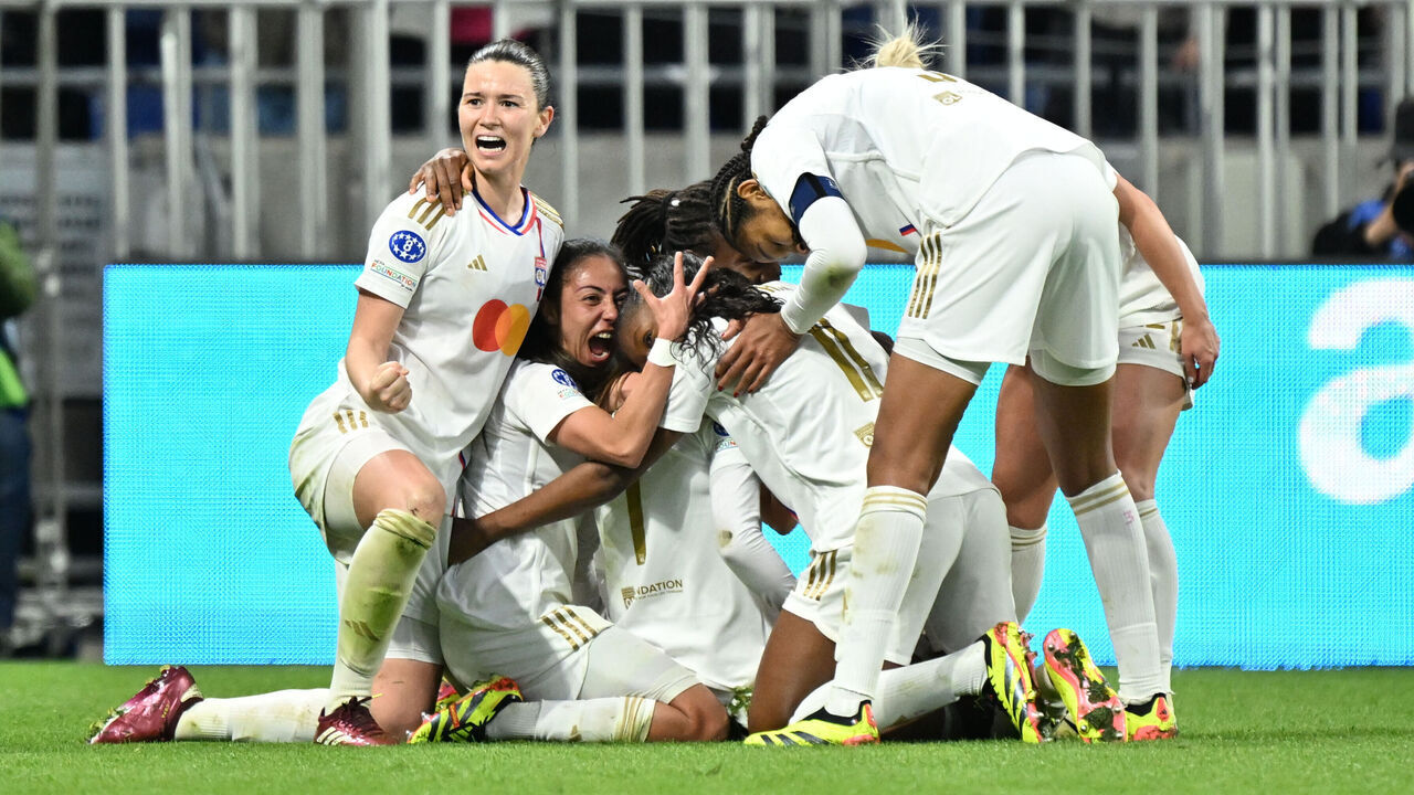 LYON, FRANCE - APRIL 20: Players of Lyon celebrate after a score during the UEFA Women's Champions League semi-finals first leg soccer match between Olympique Lyonnais (OL) and Paris Saint-Germain (PSG) at Groupama Stadium in Decines, near Lyon, France on April 20, 2024.