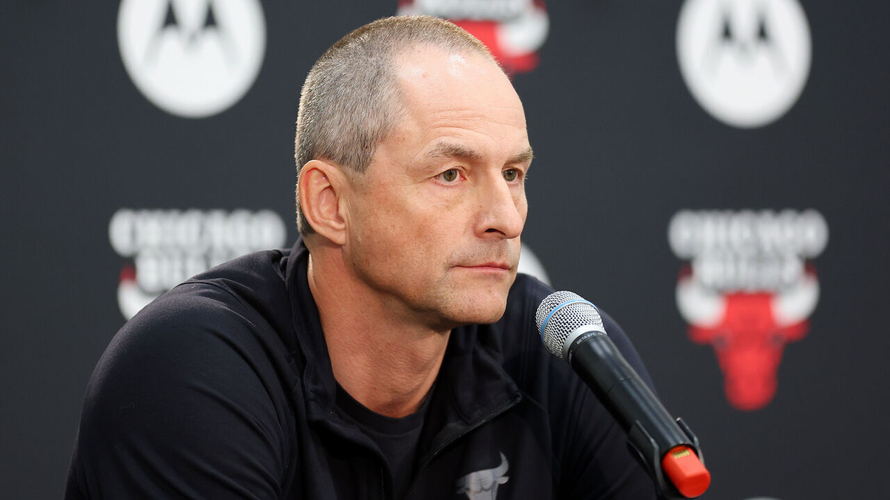 CHICAGO, ILLINOIS - OCTOBER 02: Executive Vice President of Basketball Operations Arturas Karnisovas of the Chicago Bulls answers questions from reporters during Media Day at Advocate Center on October 02, 2023 in Chicago, Illinois.