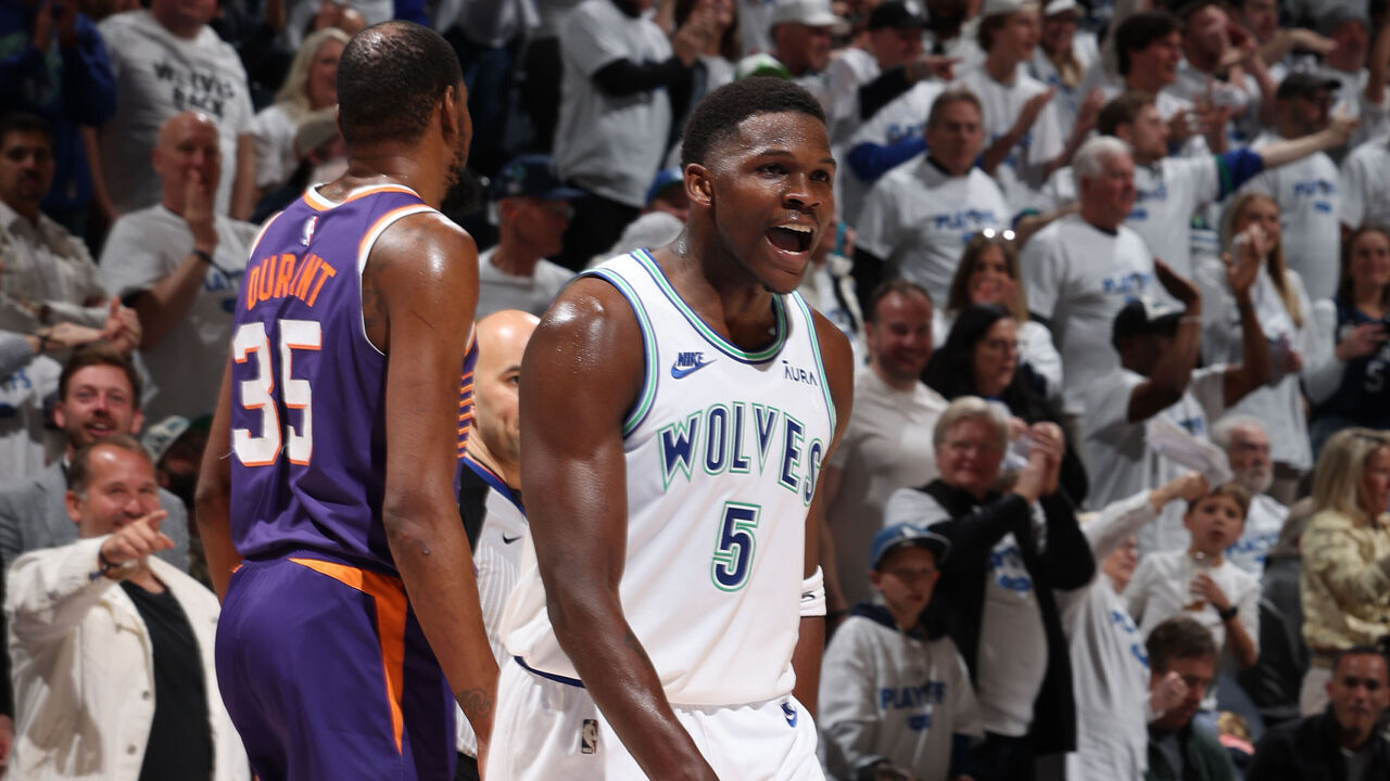 MINNEAPOLIS, MN - APRIL 20: Anthony Edwards #5 of the Minnesota Timberwolves reacts to a play during the game against the Phoenix Suns during Round 1 Game 1 of the 2024 NBA Playoffs on April 20, 2024 at Target Center in Minneapolis, Minnesota. Mandatory Copyright Notice: Copyright 2024 NBAE