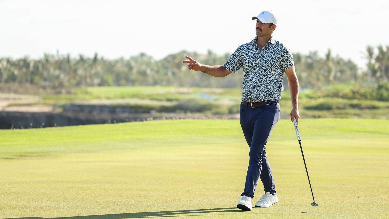 PUNTA CANA, DOMINICAN REPUBLIC - APRIL 20: Wesley Bryan of the United States waves after making birdie on the 18th green during the third round of the Corales Puntacana Championship at Puntacana Resort & Club, Corales Golf Course on April 20, 2024 in Punta Cana, Dominican Republic.