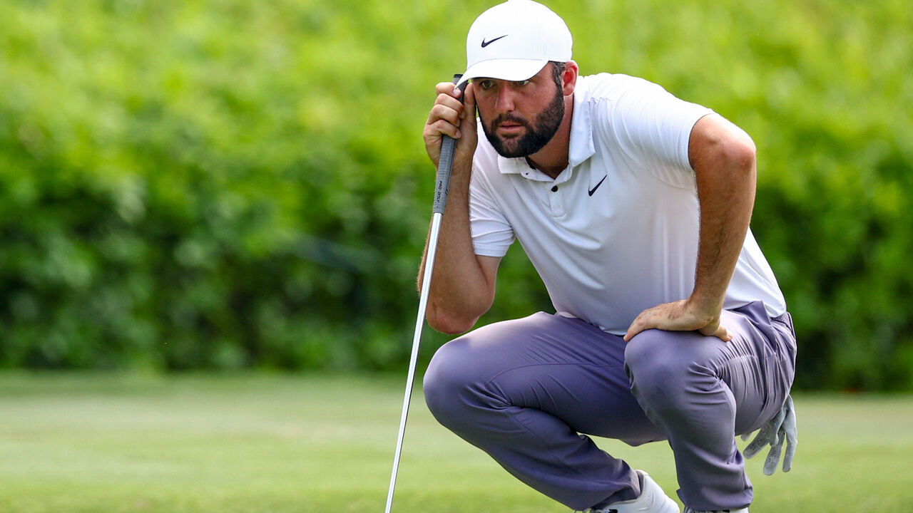 HILTON HEAD ISLAND, SOUTH CAROLINA - APRIL 20: Scottie Scheffler looks over a putt on the 17th hole during the third round of the RBC Heritage at Harbour Town Golf Links on April 20, 2024 in Hilton Head Island, South Carolina.