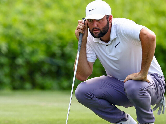HILTON HEAD ISLAND, SOUTH CAROLINA - APRIL 20: Scottie Scheffler looks over a putt on the 17th hole during the third round of the RBC Heritage at Harbour Town Golf Links on April 20, 2024 in Hilton Head Island, South Carolina.