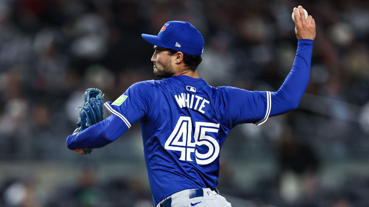 NEW YORK, NEW YORK - APRIL 06: Mitch White #45 of the Toronto Blue Jays pitches during the third inning of the game against the New York Yankees at Yankee Stadium on April 06, 2024 in New York City.