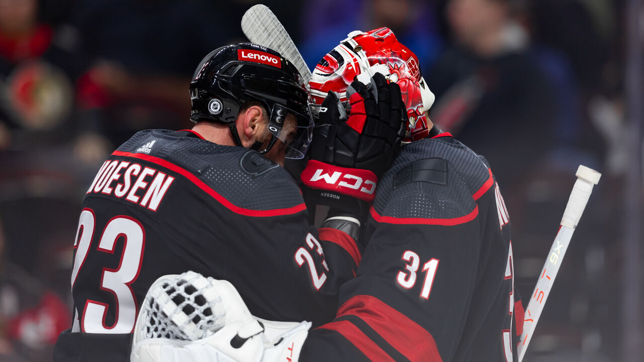 OTTAWA, ON - MARCH 17: Carolina Hurricanes Goalie Frederik Andersen (31) is congratulated on the win by Left Wing Stefan Noesen (23) after National Hockey League action between the Carolina Hurricanes and Ottawa Senators on March 17, 2024, at Canadian Tire Centre in Ottawa, ON, Canada.