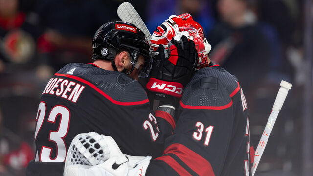 OTTAWA, ON - MARCH 17: Carolina Hurricanes Goalie Frederik Andersen (31) is congratulated on the win by Left Wing Stefan Noesen (23) after National Hockey League action between the Carolina Hurricanes and Ottawa Senators on March 17, 2024, at Canadian Tire Centre in Ottawa, ON, Canada.